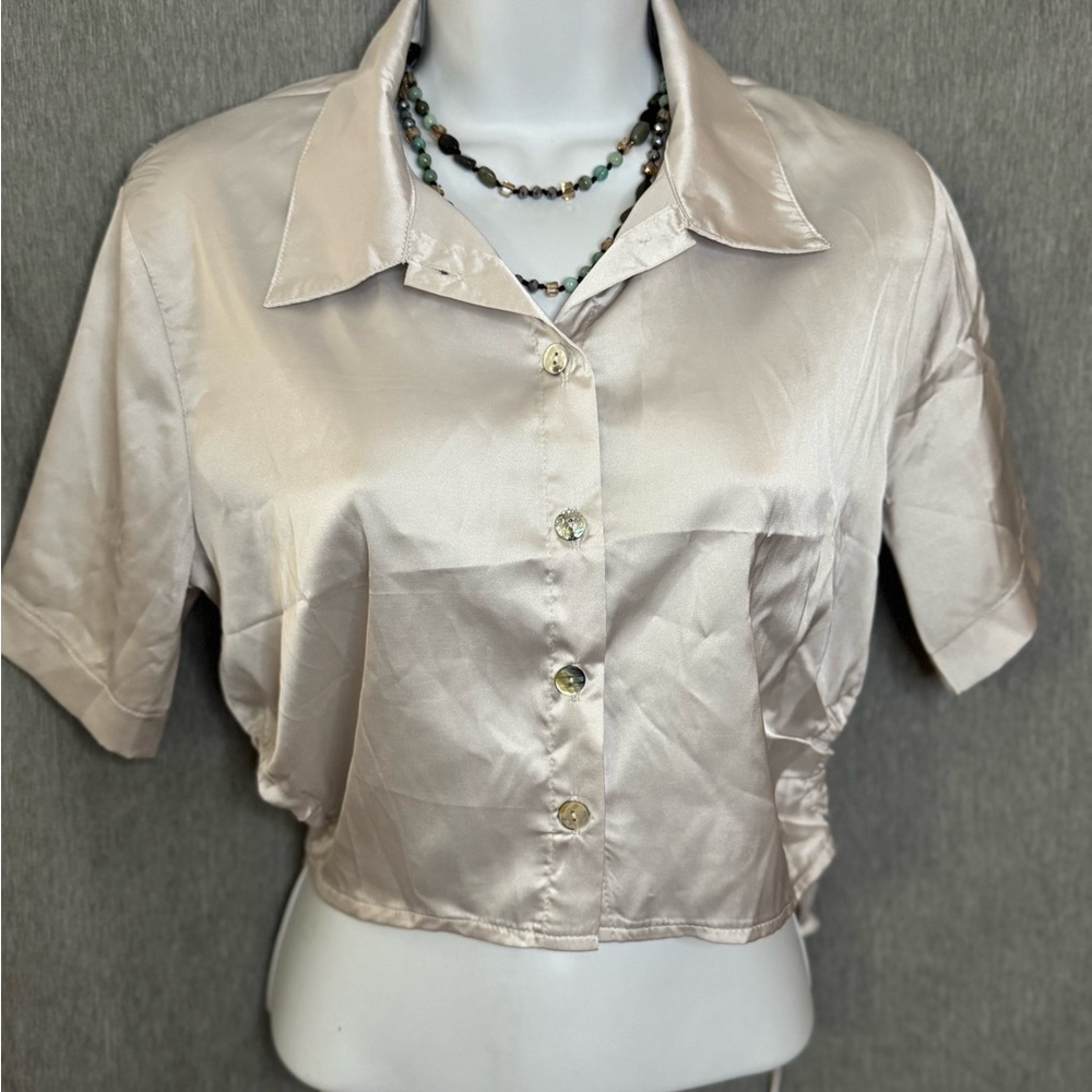 Champagne Satin Cropped Blouse with Keyhole opening on side Drawstring. NWT